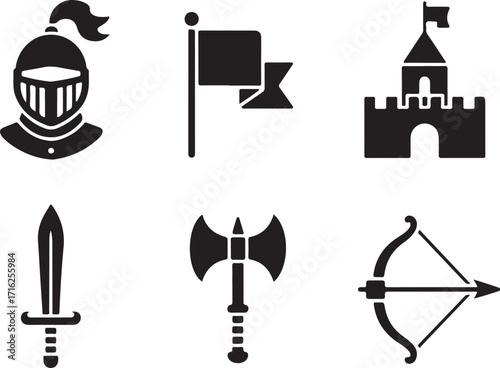 Medieval knight icons sword castle axe bow flag