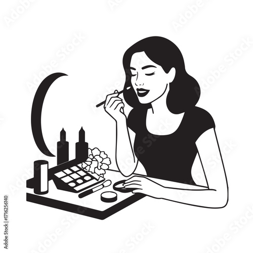 Black and white line art of a beautiful woman doing makeup at dressing table with mirror illustration