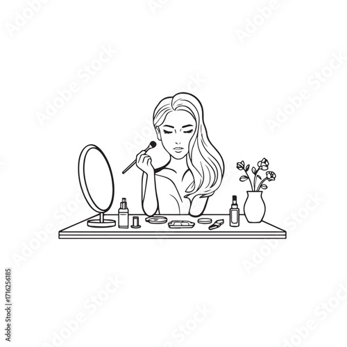 Black and white line art of a beautiful woman doing makeup at dressing table with mirror illustration