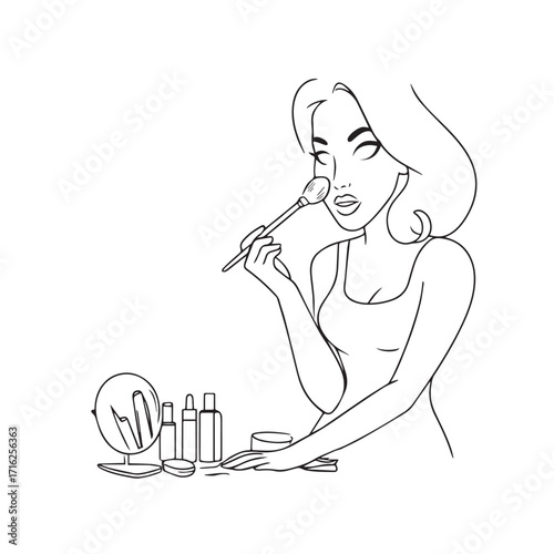Black and white line art of a beautiful woman doing makeup at dressing table with mirror illustration