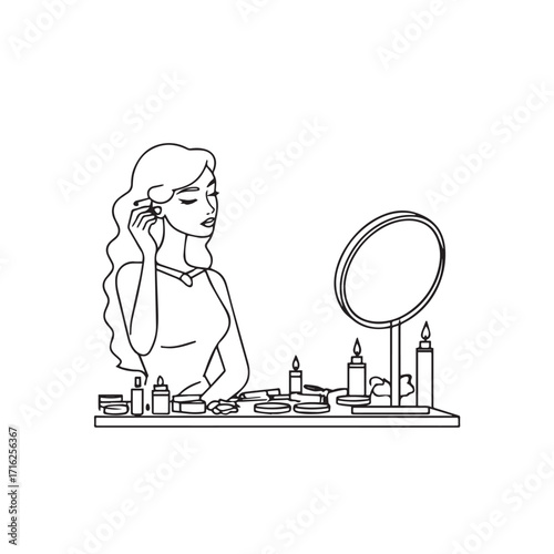 Black and white line art of a beautiful woman doing makeup at dressing table with mirror illustration