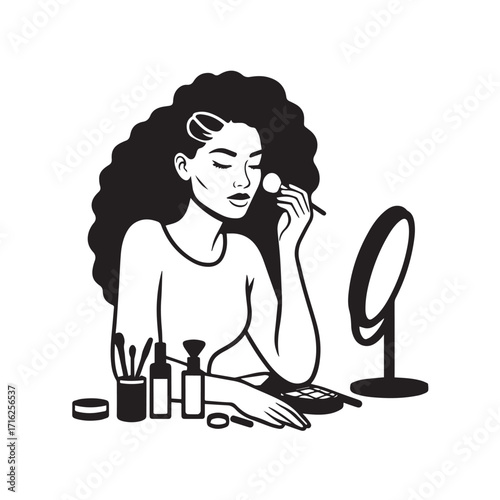 Black and white line art of a beautiful woman doing makeup at dressing table with mirror illustration