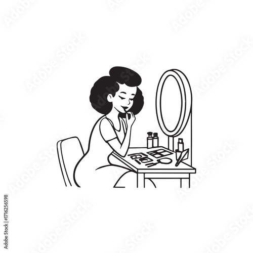 Black and white line art of a beautiful woman doing makeup at dressing table with mirror illustration