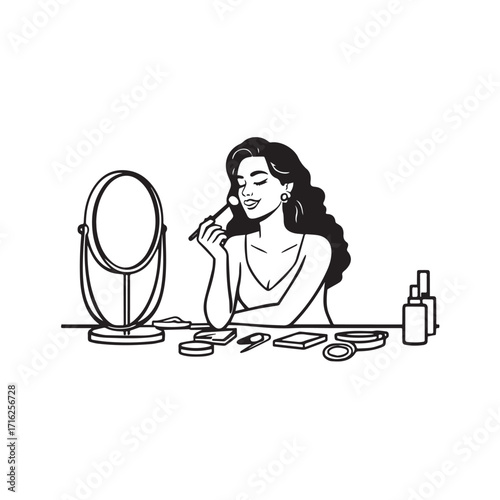 Black and white line art of a beautiful woman doing makeup at dressing table with mirror illustration