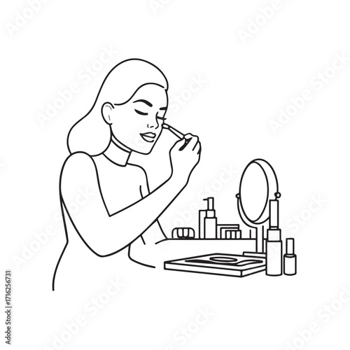 Black and white line art of a beautiful woman doing makeup at dressing table with mirror illustration