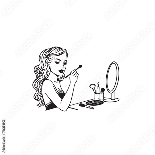 Black and white line art of a beautiful woman doing makeup at dressing table with mirror illustration