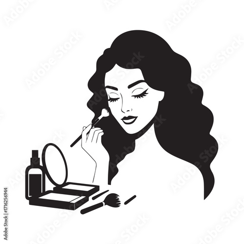 Black and white line art of a beautiful woman doing makeup at dressing table with mirror illustration