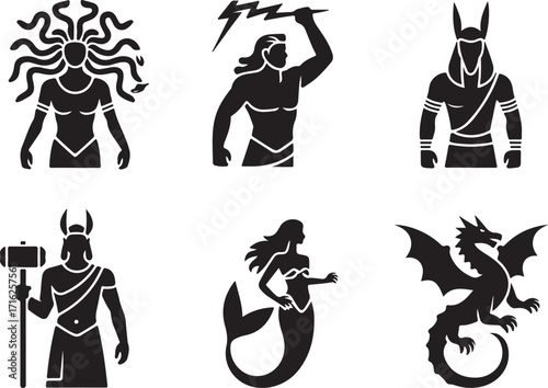 Mythical creatures and gods icons for fantasy design
