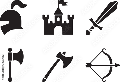 Medieval icons helmet castle sword axe bow arrow