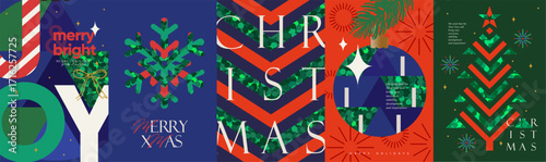 Merry Christmas and Happy New Year. Vector geometric modern illustrations of joy, snowflake, Christmas toy, ball, and fir tree, pattern for greeting card, background, cover, or invitation.