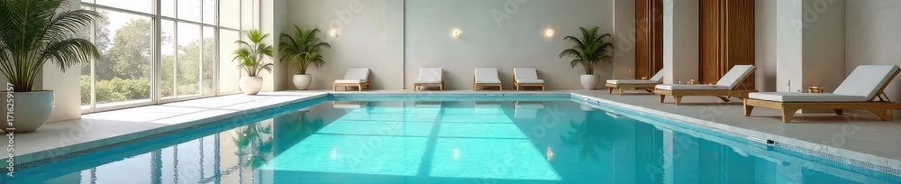 Fototapeta premium A tranquil indoor swimming pool scene, featuring clean lines, natural light, and inviting blue water Perfect for relaxation, wellness, and healthy lifestyle imagery , water, exercise