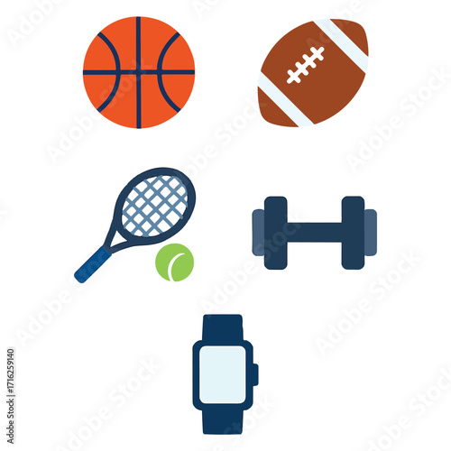 Sports equipment icon set vector illustration with balls, rackets, and fitness gear