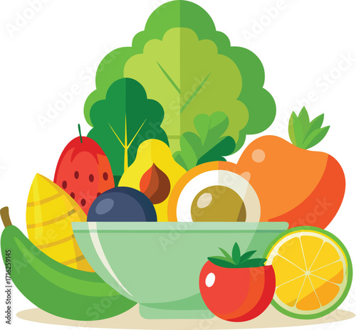 Healthy food flat vector illustration with fruits, vegetables, and balanced diet concept