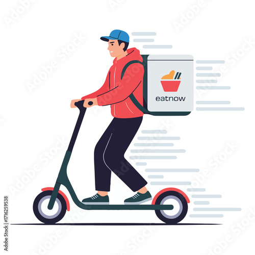 Food delivery vector illustration with courier, scooter, and online order concept