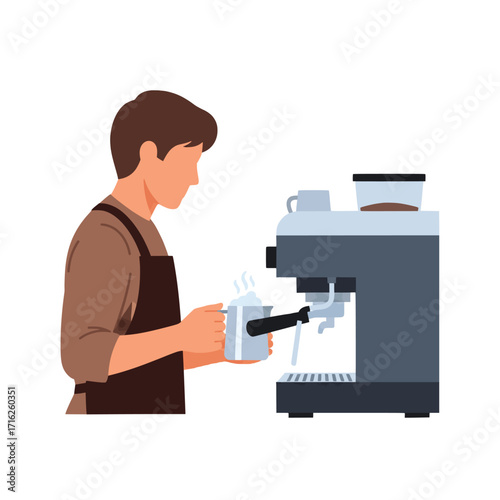 A dedicated barista skillfully prepares a fresh coffee beverage using a modern espresso machine, highlighting the craft and daily ritual of artisan coffee making in a contemporary setting