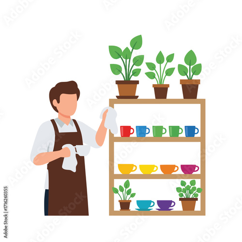 Barista carefully wiping colorful mugs on a wooden shelf next to lush potted plants, maintaining a clean and inviting cafe or home kitchen environment