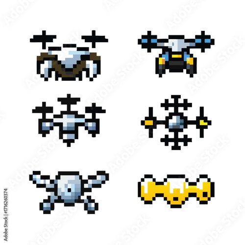 Drone 8-Bit Pixel Art Icon Set. Collection of 6 Retro and Modern UAV Sprites
