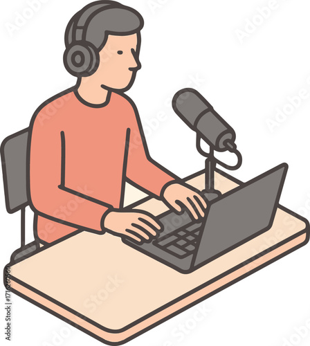 Isometric vector illustration of a podcaster with microphone, laptop, and headphones