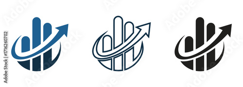 Global Growth: Three Business Logos Showcasing Expansion Three variations of a logo design, featuring a stylized globe with rising bar graphs 