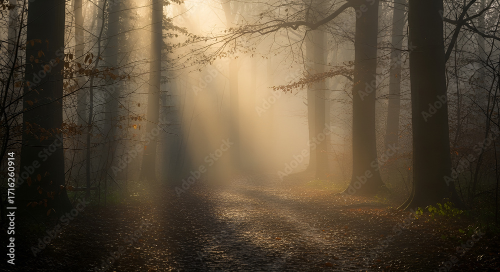 Naklejka premium Atmospheric Misty Forest Scene with Sunlight Breaking Through the Fog