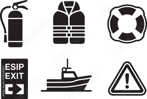 Safety icons: fire, vest, ring, exit, boat, warning