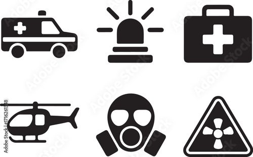 Emergency response icons ambulance helicopter medical gas mask