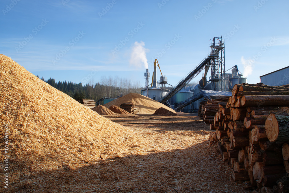 Fototapeta premium Lumber Mill with Wood Chips Piles and Logs Under Blue Sky