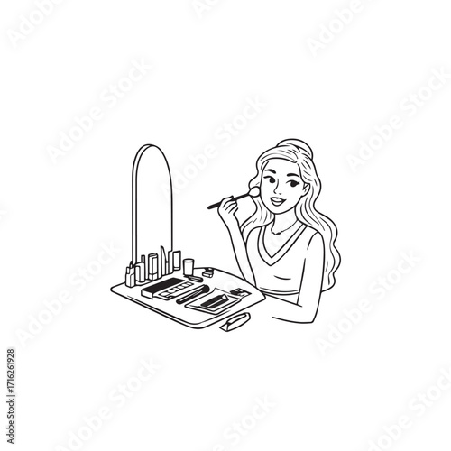 Black and white line art of a beautiful woman doing makeup at dressing table with mirror illustration
