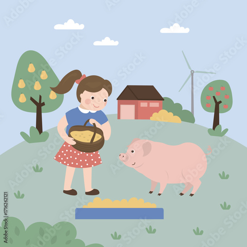 Happy cute kid girl feeding cute pig. Kid with food for piggy. Farming and agriculture. Farming with domestic cattle at farm. Rural view.