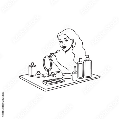 Black and white line art of a beautiful woman doing makeup at dressing table with mirror illustration
