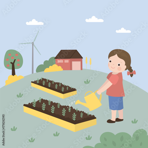 Happy little caucasian girl watering plants or flowers on garden beds with watering can. Growing crops, funny girl farmer or gardener. Hobby, cute child spending summer time