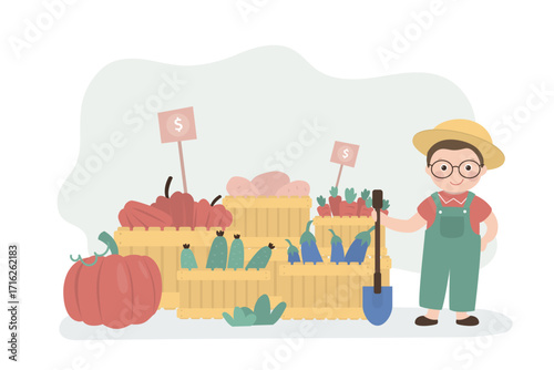 Little smiling kid in garden clothes with harvest. Concept of horticulture for every age and gender. Funny boy with wooden boxes, various fruits and vegetables.