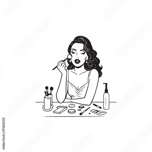 Black and white line art of a beautiful woman doing makeup at dressing table with mirror illustration
