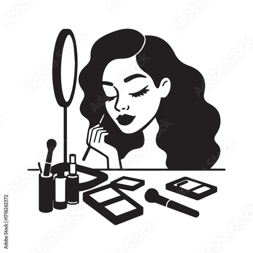 Black and white line art of a beautiful woman doing makeup at dressing table with mirror illustration
