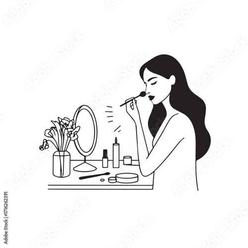 Black and white line art of a beautiful woman doing makeup at dressing table with mirror illustration
