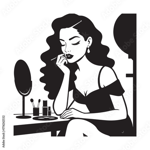 Black and white line art of a beautiful woman doing makeup at dressing table with mirror illustration
