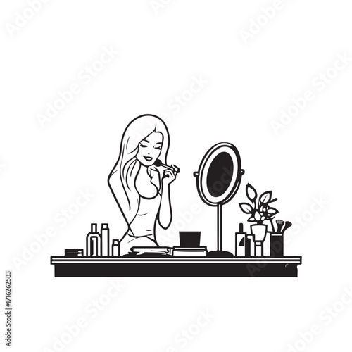 Black and white line art of a beautiful woman doing makeup at dressing table with mirror illustration
