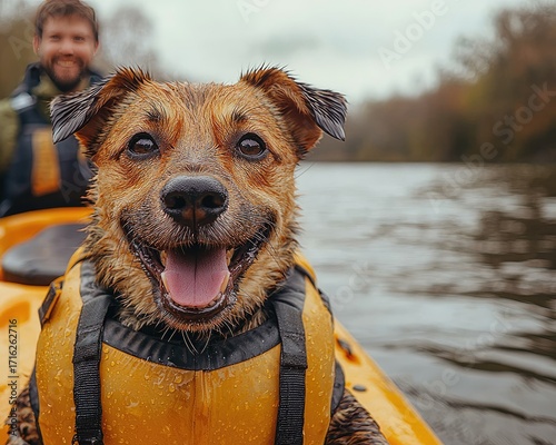 A happy dog in a kayak, with a man in the background