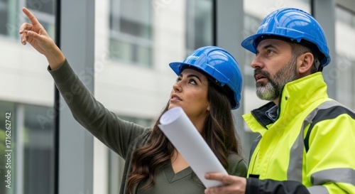  construction supervisor reviewing blueprints on-site in a modern building under development, focused collaboration