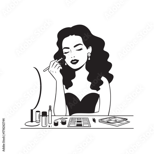 Black and white line art of a beautiful woman doing makeup at dressing table with mirror illustration
