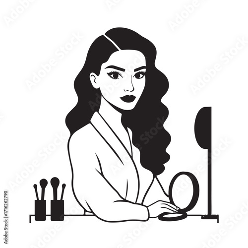 Black and white line art of a beautiful woman doing makeup at dressing table with mirror illustration

