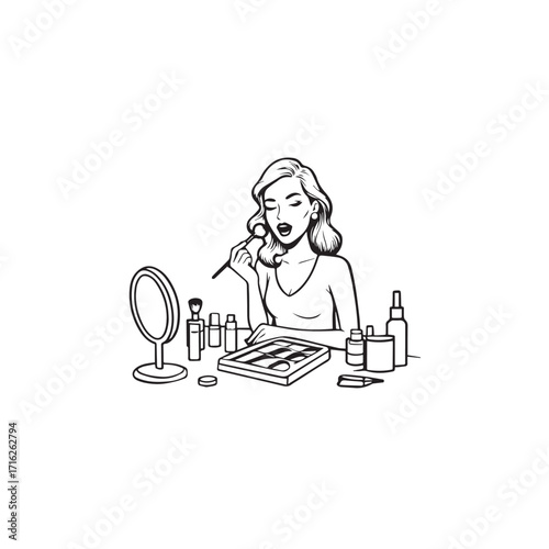 Black and white line art of a beautiful woman doing makeup at dressing table with mirror illustration
