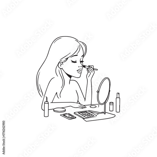 Black and white line art of a beautiful woman doing makeup at dressing table with mirror illustration
