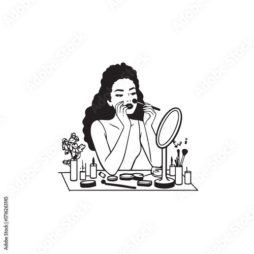 Black and white line art of a beautiful woman doing makeup at dressing table with mirror illustration
