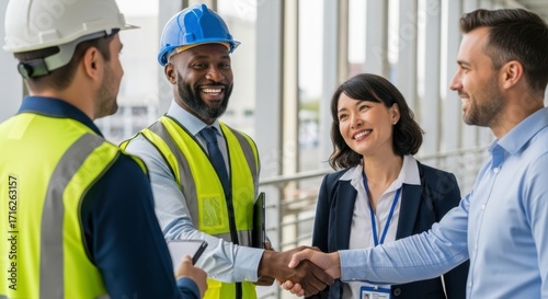 Female architect and male construction supervisor reviewing blueprints on-site in a modern building under development, focused collaboration
