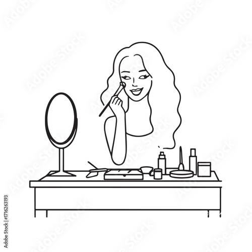 Black and white line art of a beautiful woman doing makeup at dressing table with mirror illustration
