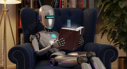 Futuristic humanoid robot calmly reading book in cozy library chair.