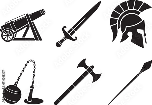 Ancient weapons collection, history, battle, warrior icons