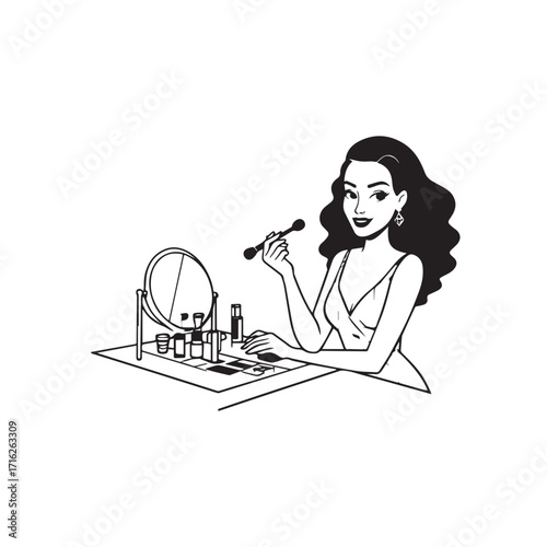 Black and white line art of a beautiful woman doing makeup at dressing table with mirror illustration
