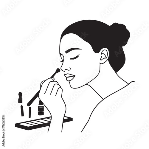 Black and white line art of a beautiful woman doing makeup at dressing table with mirror illustration
